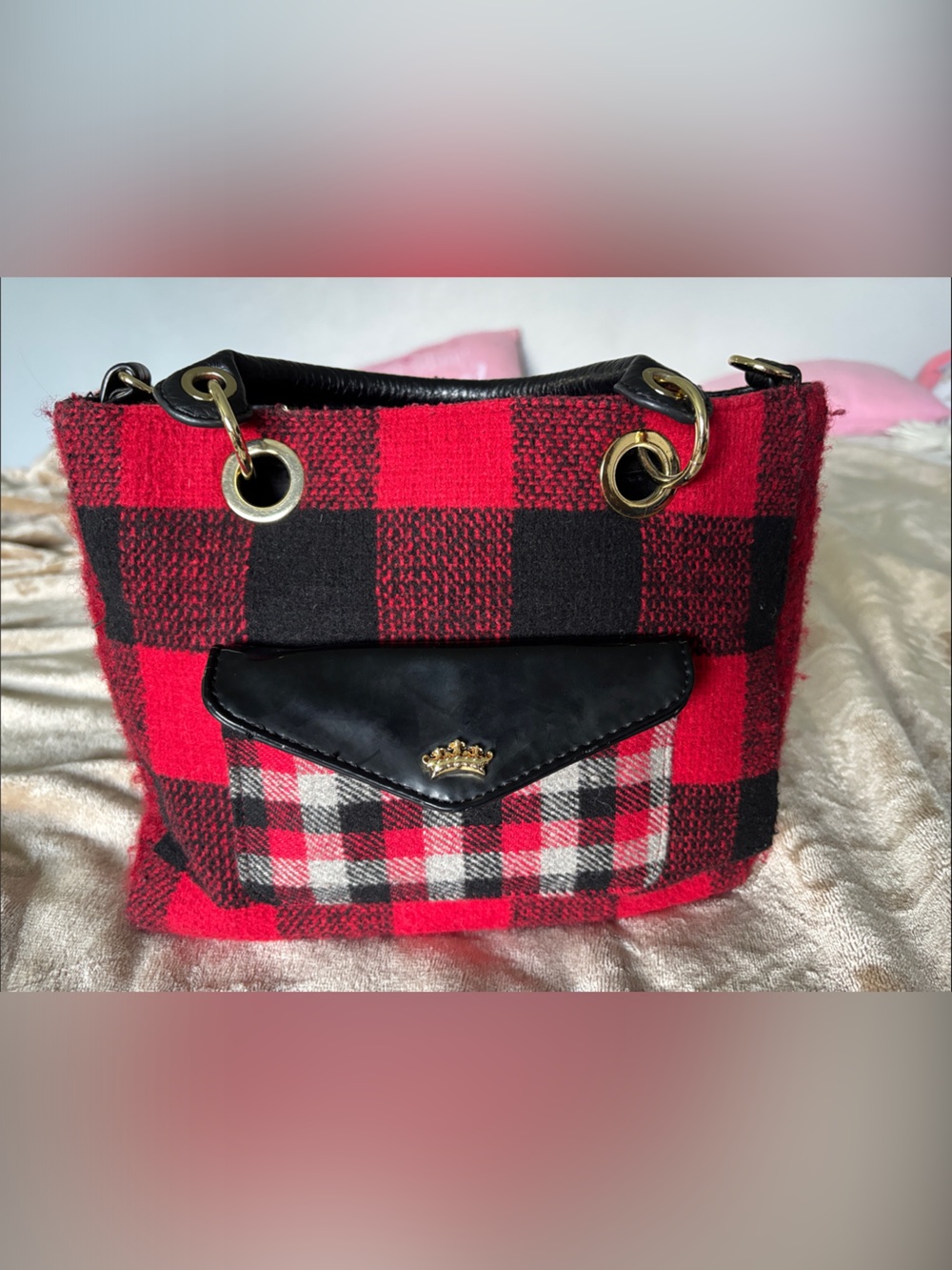Juicy Couture Red & Black Buffalo Plaid Shoulder Bag with Gold Hardware